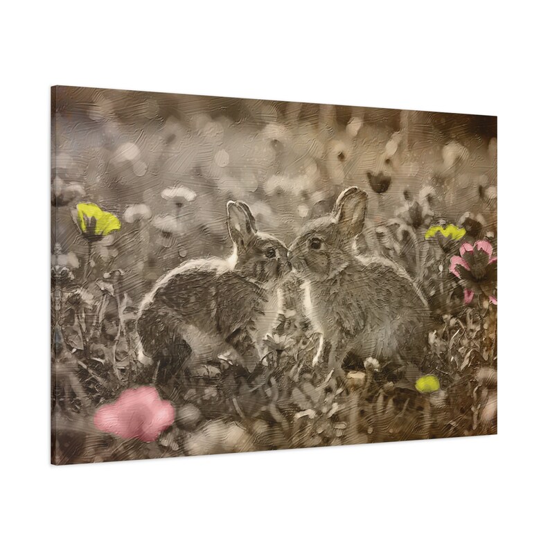 Kissing Bunnies, Springtime Decor, Vintage Painting, Vintage Farmhouse Decor, Large Canvas Wall Art, Bunny Mom Gift, Rabbit Love, Sepia Art image 3