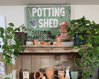 Potting Shed, Faux Metal Sign, Spring Wall Art, Large Canvas Wall Art, Vintage Rustic Art Print, Primitive Wall Decor, Gardening Gifts