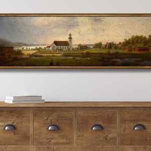 panoramic landscape of a church by a river in a vintage style. Artwork is on canvas.