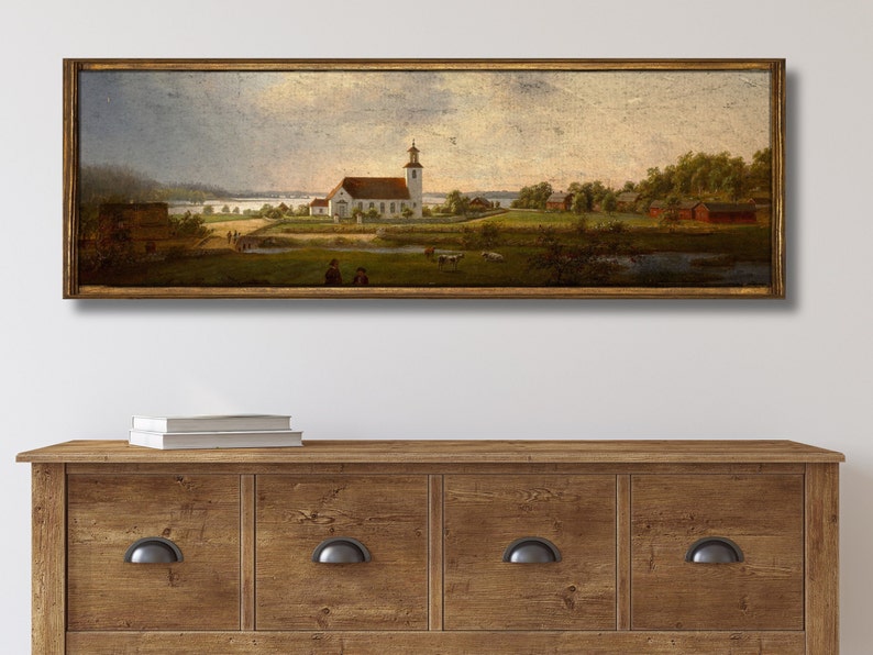 panoramic landscape of a church by a river in a vintage style. Artwork is on canvas.