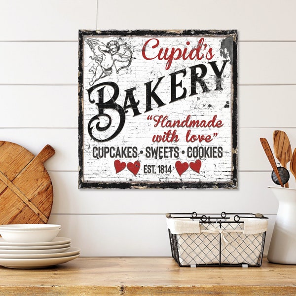 Cupids Bakery, Valentines Day Decor, Valentines Wall Art, Large Canvas Signs, Vintage Valentine Decor, Cupid Decor, Kitchen Wall Art