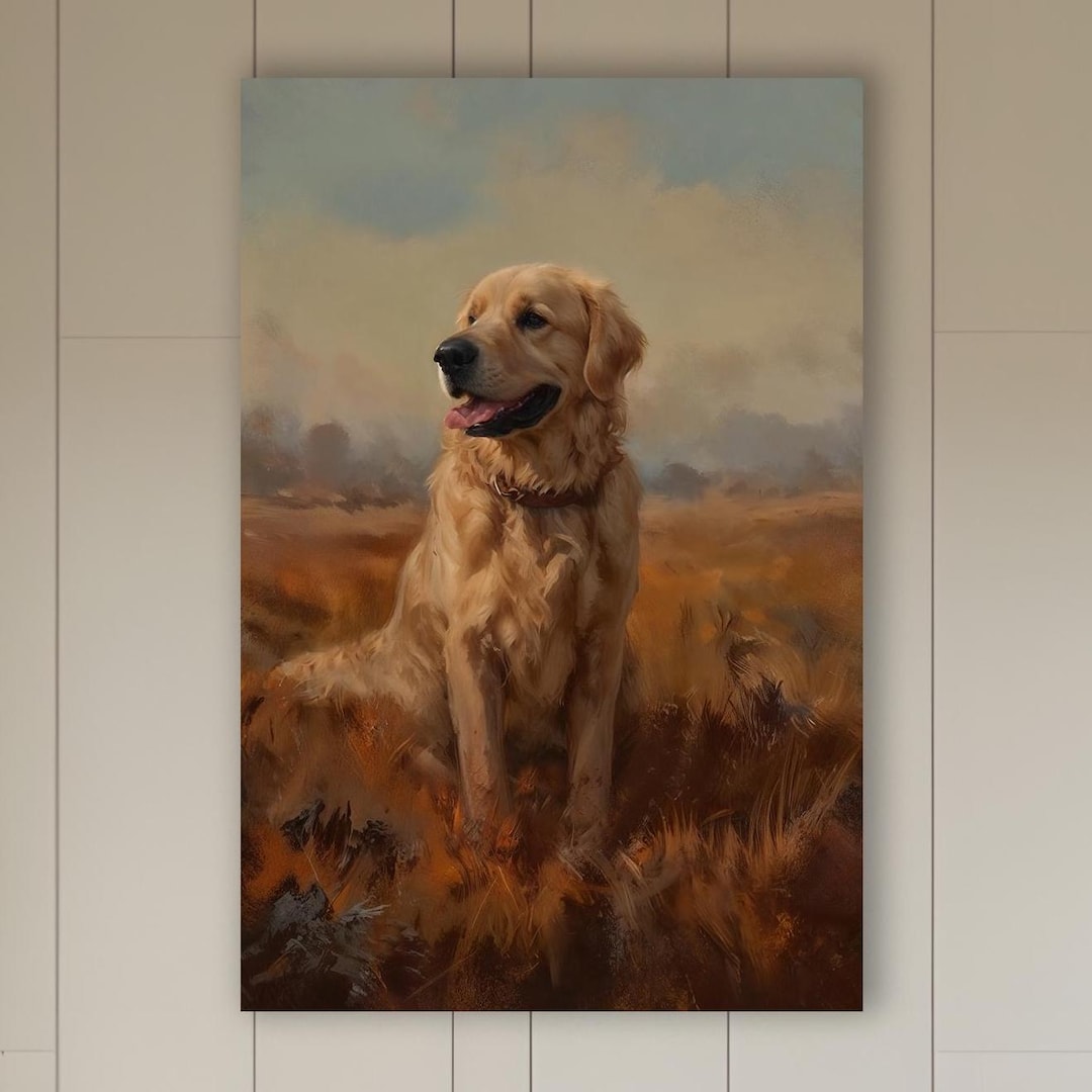 ゴールデンレトリバーのキャンバスアート：素朴な秋の犬のポートレート