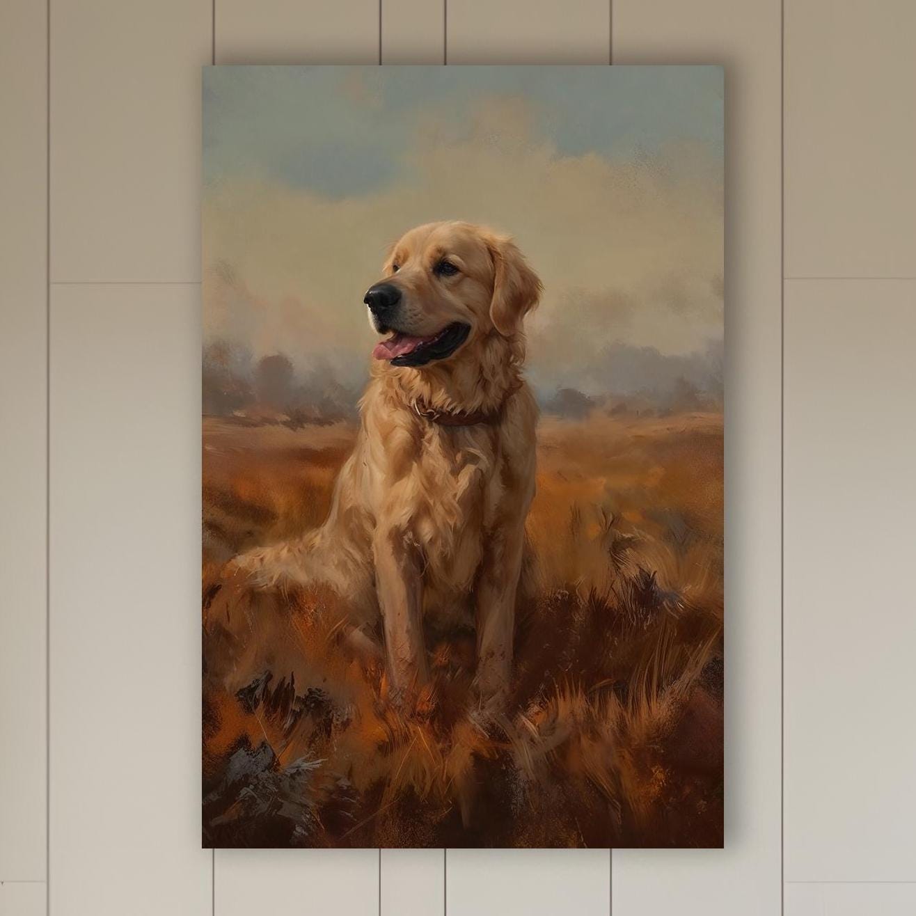 ゴールデンレトリバーのキャンバスアート：素朴な秋の犬のポートレート