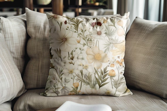 Neutral Wildflowers Pillow Cover: Creamy White Polyester Canvas (18x18 inches)