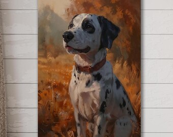 May include: A vertical wall art print featuring a painting of a white dog with black spots and a brown collar sitting in a field of tall, golden-brown grass during autumn. The dog is looking to the left, surrounded by warm, soft-focus fall foliage.