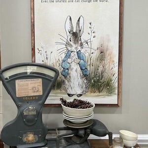 peter rabbit canvas sign with faux wood frame. With quote Even the smallest one can change the world.