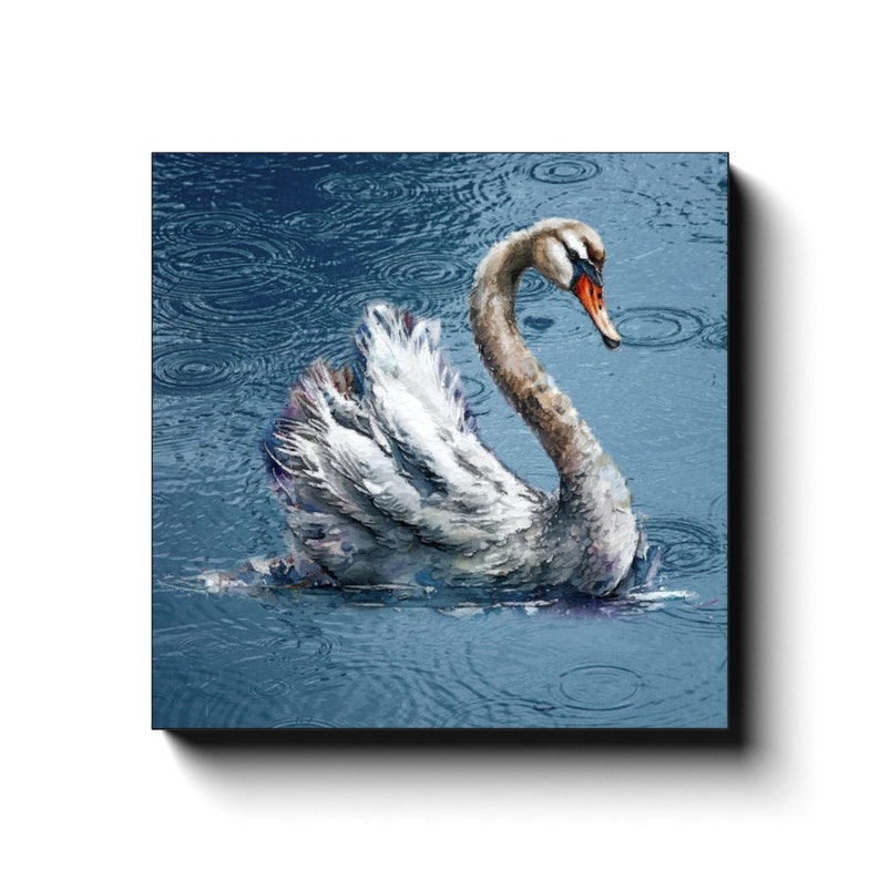 Swan In The Rain Art Modern Farmhouse Home Decor Swan Lake Blue Art Calming Art Piece Swan Canvas Wall Art Print Grandmillenial Decor 20x20 inch