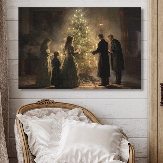 Victorian Christmas Canvas Art: Vintage Holiday Family Scene