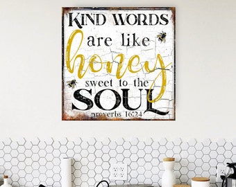 Kind Words Are Like Honey Sign, Modern Farmhouse Home Decor, Christian Gifts, Antique Wall Art, Proverbs 16, Scripture Signs