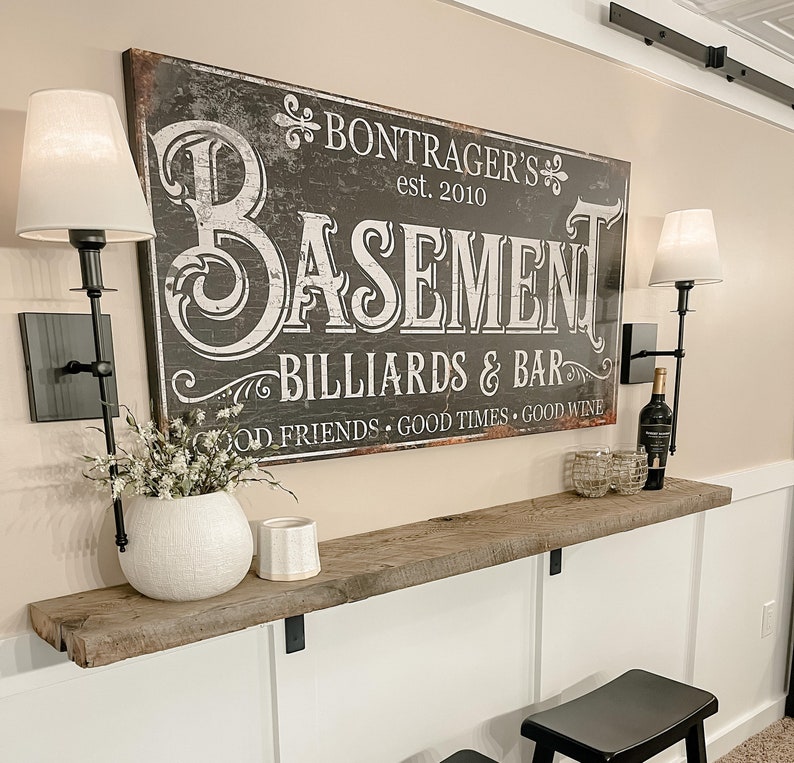 Personalized Bar And Billiards Sign, Modern Farmhouse Decor, Large Canvas Sign, Gameroom Sign, Signs With Sayings, Personalized Gifts image 1