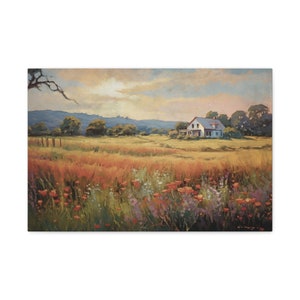 Rural Landscape Print, Springtime at the Farmhouse, Vintage Painting, Vintage Farmhouse Decor, Large Canvas Wall Art, Wildflower Field Art 30″ x 20″ (Horizontal)