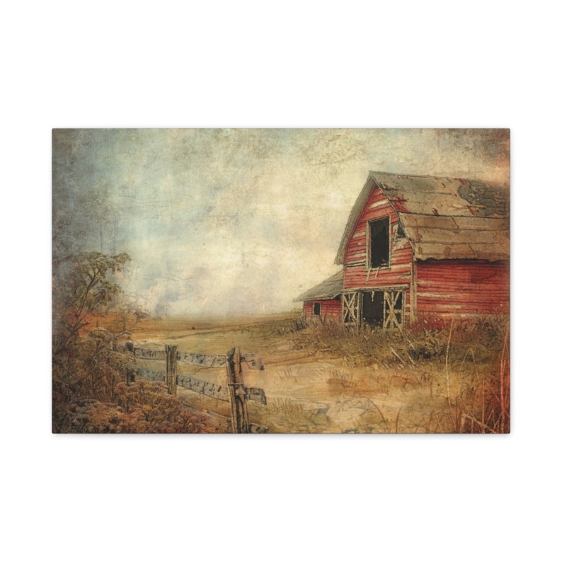 Old Red Barn Wall Art, Vintage Canvas Print, Rustic Wall Decor, Farm Landscape, Vintage Old Barn, Farm Gifts, Homestead Gifts, Landscape Art 24″ x 16″ (Horizontal)