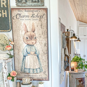 Vintage Charm School Sign, Vintage Farmhouse Sign, Vintage Rabbit Decor, Vintage Inspired Art, Rustic Canvas Sign, Rabbit Wall Art image 1