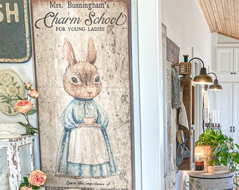 Vintage Charm School Sign, Vintage Farmhouse Sign, Vintage Rabbit Decor, Vintage Inspired Art, Rustic Canvas Sign, Rabbit Wall Art