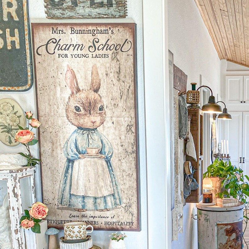 Vintage Charm School Sign, Vintage Farmhouse Sign, Vintage Rabbit Decor, Vintage Inspired Art, Rustic Canvas Sign, Rabbit Wall Art image 1