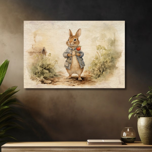 Impression Peter Rabbit, impression d'art printanière, grande toile d'art, art littéraire, toile Beatrix Potter, décoration de ferme printanière, printemps vintage