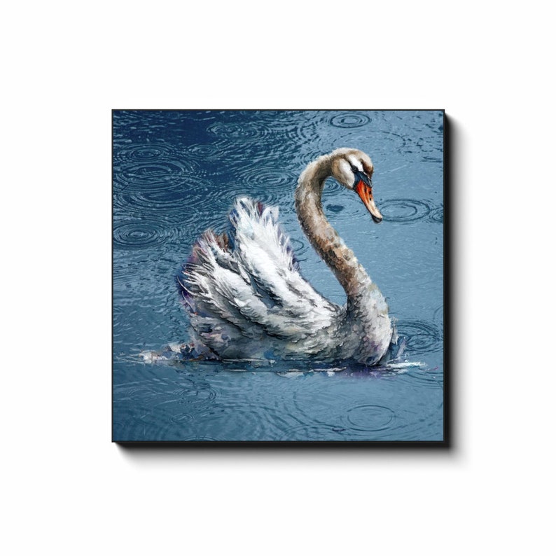 Swan In The Rain Art Modern Farmhouse Home Decor Swan Lake Blue Art Calming Art Piece Swan Canvas Wall Art Print Grandmillenial Decor 12x12 inch