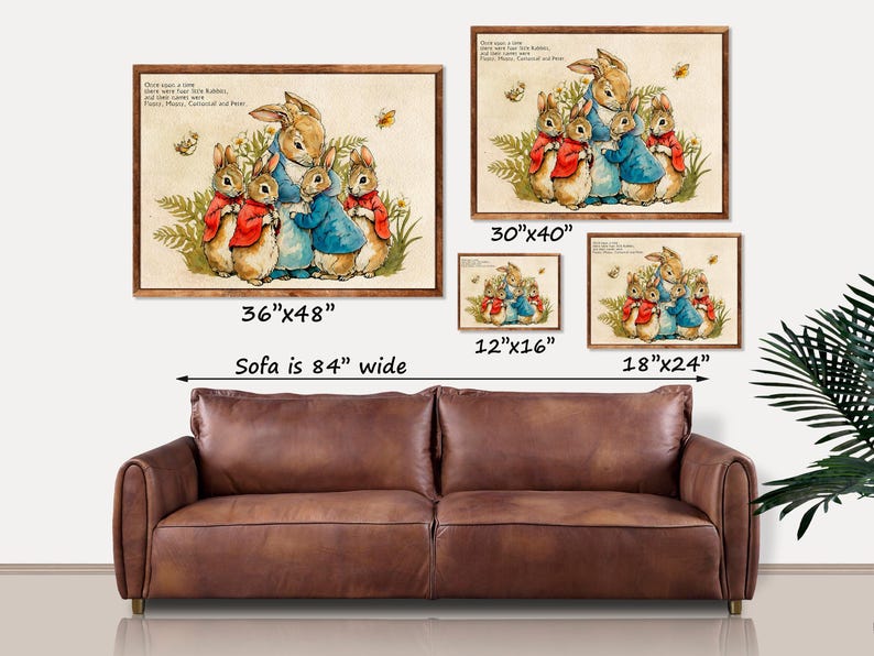 Arte clássica do Peter Rabbit, Flopsy, Mopsy, Cottontail e Peter, tela grande para parede, decoração de quarto infantil, decoração literária de primavera. imagem 3