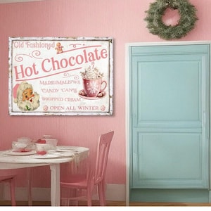Placa de lona retrô com tema de chocolate quente: decoração de Natal rosa