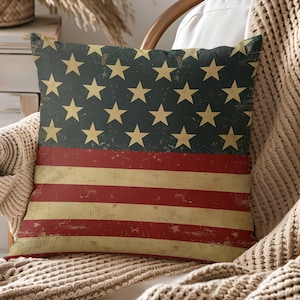 Tea Stained Look Vintage American Flag Throw Pillow Cover, 4th of July Decor, Primitive Holiday Decorations, Rustic Summer Pillow Covers