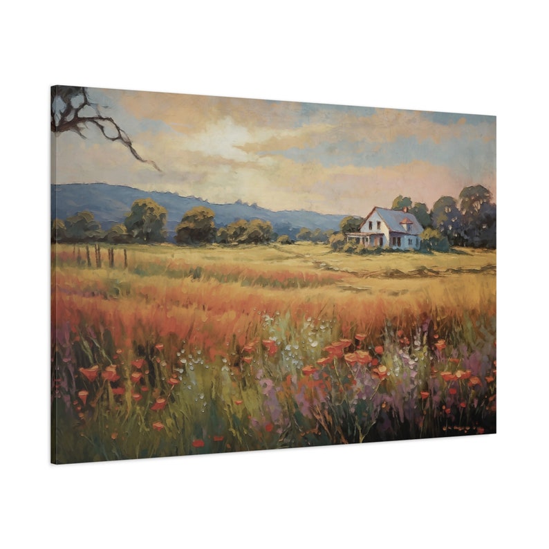 Rural Landscape Print, Springtime at the Farmhouse, Vintage Painting, Vintage Farmhouse Decor, Large Canvas Wall Art, Wildflower Field Art image 4