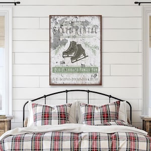 Letrero de alquiler de patines, lienzo decorativo para pared, decoración invernal, letreros de invierno, letreros navideños de granja, letreros vintage, decoración navideña, adornos de Navidad