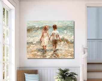May include: An oil painting on canvas depicting two children walking hand in hand through shallow ocean waves. The child on the left wears a light-colored dress, while the child on the right wears a light-colored shirt and shorts. The scene features soft blue, white, and sandy beige tones with visible brushstrokes.