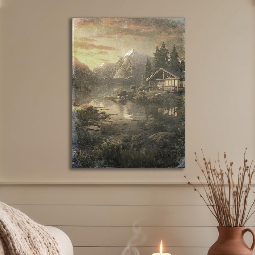 Mountain Cabin Sunset Canvas Print: Rustic Lodge Wall Art - Etsy