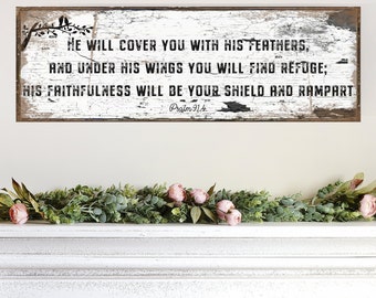 Psalm 91:4 He Will Cover You With His Feathers, Christian Gifts, Christian Home Decor, Scripture Wall Art, Bible Verse Sign, Large Canvas