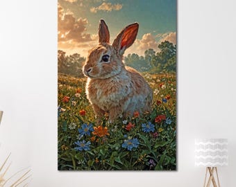 Toile lapin de fleurs sauvages : décoration printanière pour chambre d'enfant