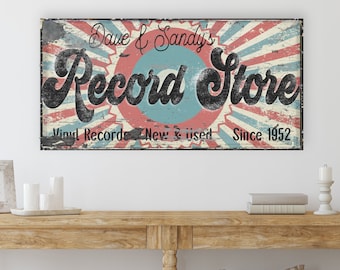 Custom Record Store Sign, Modern Farmhouse Decor, Large Canvas Wall Art, Retro Sign, Vinyl Record Signs, Distressed Decor, Vintage Gifts