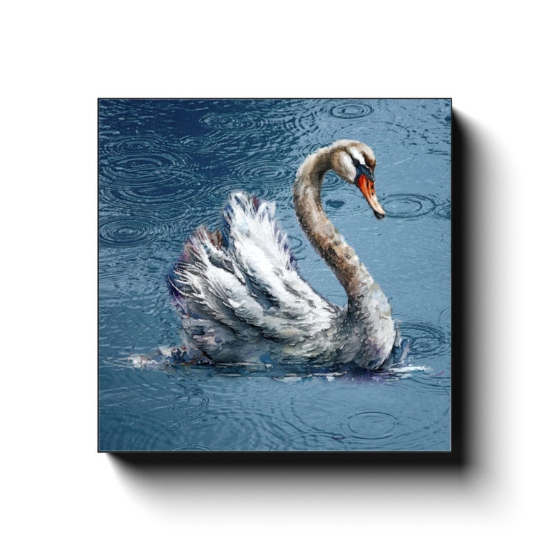 Swan In The Rain Art Modern Farmhouse Home Decor Swan Lake Blue Art Calming Art Piece Swan Canvas Wall Art Print Grandmillenial Decor 16x16 inch