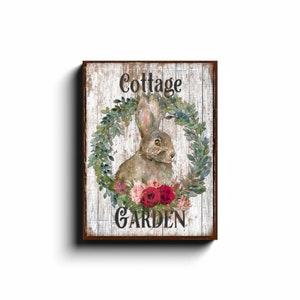 Cottage Garden, Spring Sign, Vintage Cottage Decor, Spring Wall Art, Vintage Signs, Rabbit Decor, Oversized Canvas Wall Art 12x16 inch