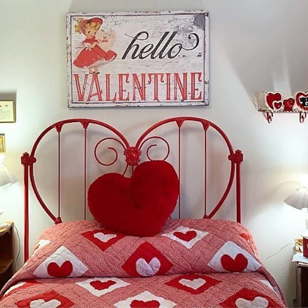 Hello Valentine, Vintage Valentines Decor, Large Canvas Signs, Vintage