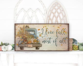 Vintage Truck Fall Canvas Sign: Farmhouse Autumn Decor