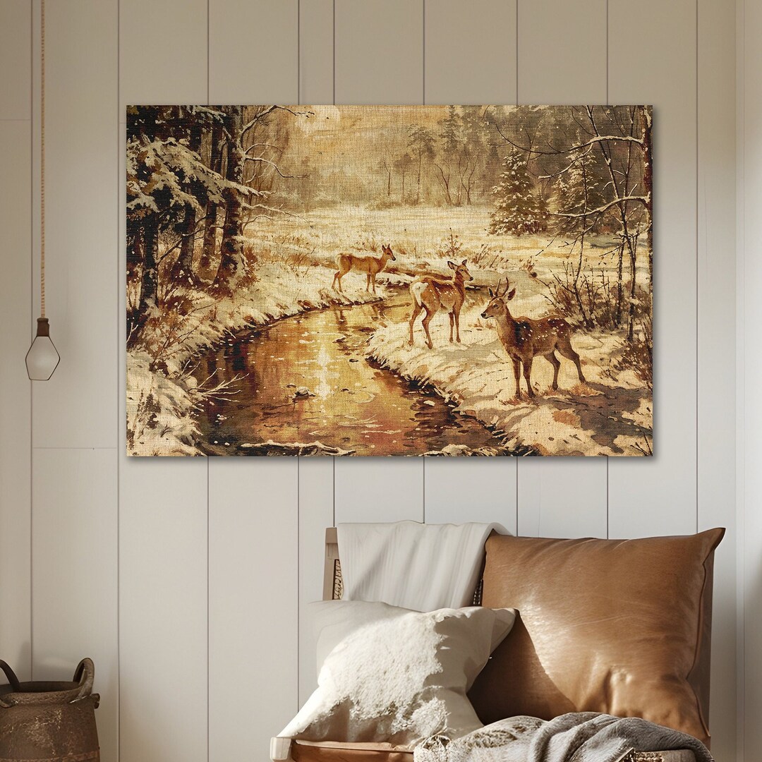 Winter Deer Canvas Print: Vintage Woodland Landscape Wall Art - Etsy
