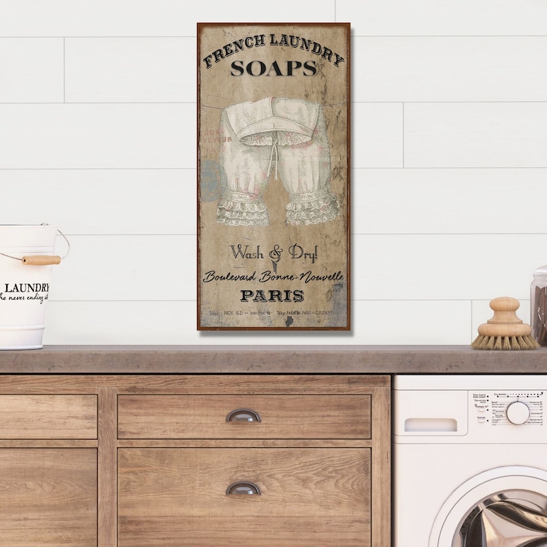 French Laundry Soap, Vintage Farmhouse Sign, French Country Decor, Vintage Inspired Art, Rustic Canvas Sign, Laundry Room Sign image 1