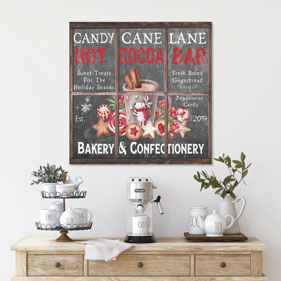 Candy Cane Lane Hot Cocoa Bar Canvas Sign: Vintage Farmhouse Christmas Decor