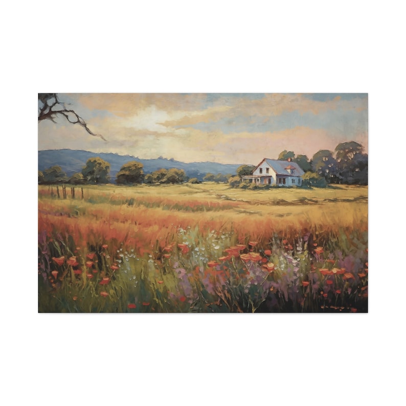 Rural Landscape Print, Springtime at the Farmhouse, Vintage Painting, Vintage Farmhouse Decor, Large Canvas Wall Art, Wildflower Field Art 18″ x 12″ (Horizontal)