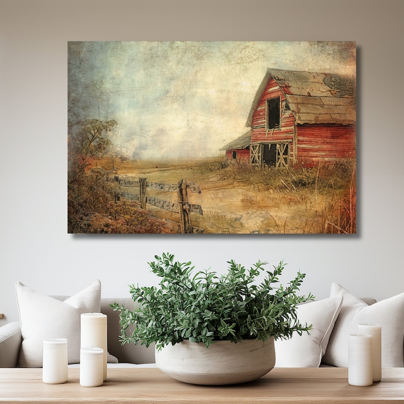 Old Red Barn Wall Art, Vintage Canvas Print, Rustic Wall Decor, Farm Landscape, Vintage Old Barn, Farm Gifts, Homestead Gifts, Landscape Art image 1