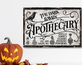 The Dark Raven Apothecary, Halloween Sign, Halloween Decor, Large Canvas Signs, Vintage Fall Art, Halloween Wall Art, Farmhouse Halloween