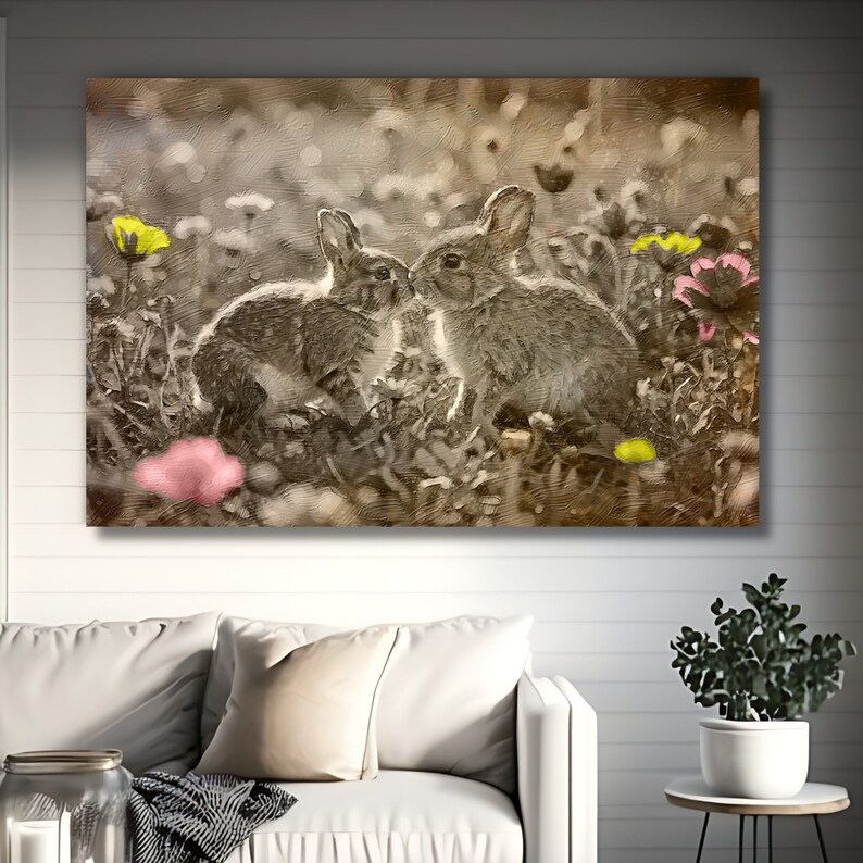 sepia toned canvas wall art featuring two bunnies kissing