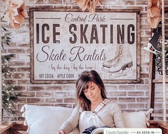 Vintage Ice Skating Sign: Retro Winter Holiday Canvas Art