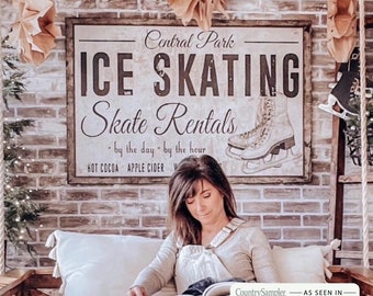 Central Park Ice Skating, Skate Rentals Sign, Retro Winter Decor, Large Canvas Signs, Vintage Winter Wall Art, Old Ice Skating Sign