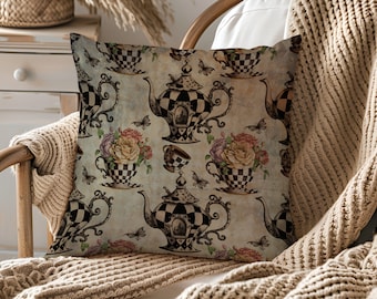 Steampunk Alice in Wonderland Pillow Cover: Teapot Decor, 18x18