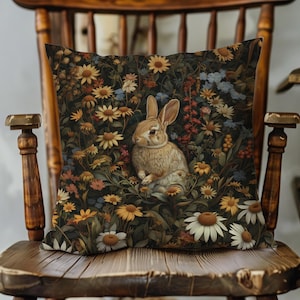Rabbit Pillow Cover, William Morris Inspired Cushion Cover, Cottagecore Spring Decorations, Easter Home Decor, Farmhouse Bunny Throw Pillow