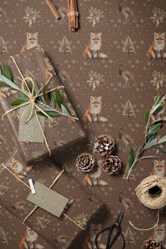 Fox and Pheasant Christmas Wrapping Paper: Rustic Woodland Gift Wrap