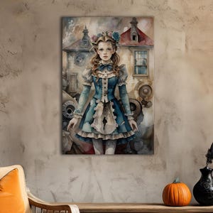 May include: A watercolor painting of a young woman in a blue and white dress with a floral crown. She is standing in front of a building with a clock tower and a window. The background is a watercolor wash of blue and gray.