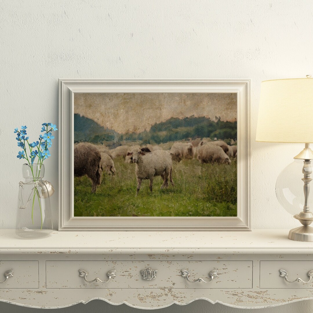 Vintage Sheep Landscape Art Print: Farmhouse Pastoral Decor - Etsy