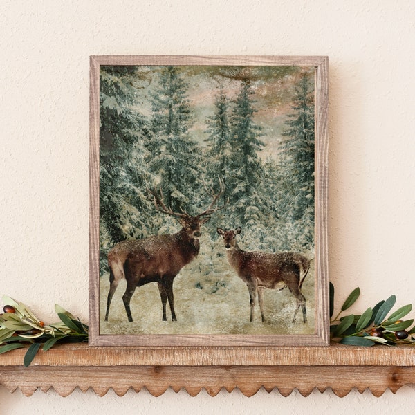 Deer In Winter Photo, Vintage Reproduction, Vintage Art Prints, Cabin Winter Decor, Winter Art, Woodland Art, Vintage Photographs